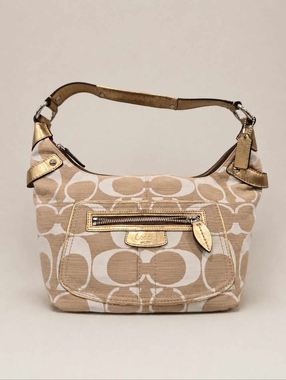 Coach Penelope Signature Hobo Bag Beige Cream Gold Metallic Trim Style 13297